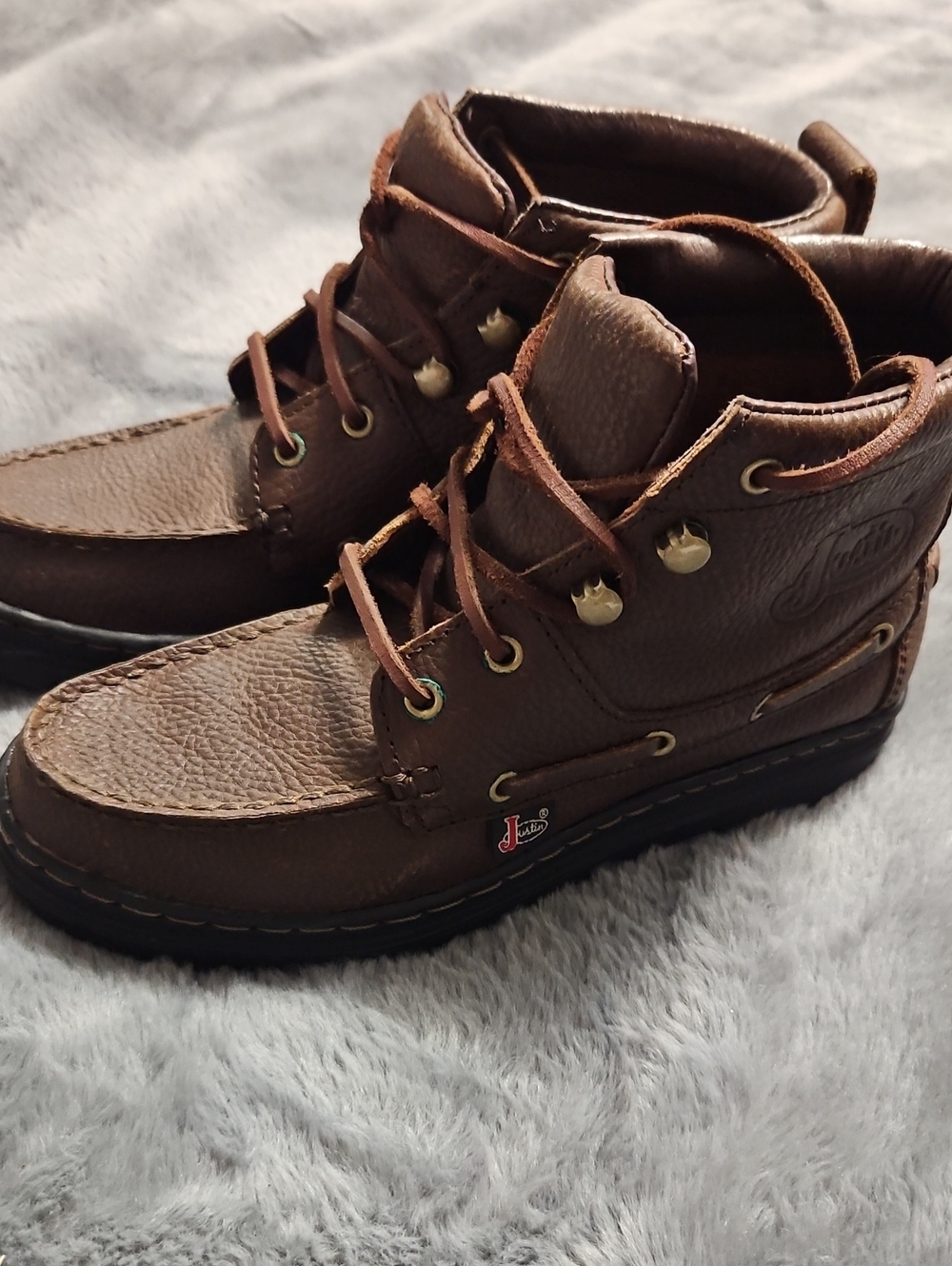 Justin, Brown Leather Moc Toe Lace-Up Boots